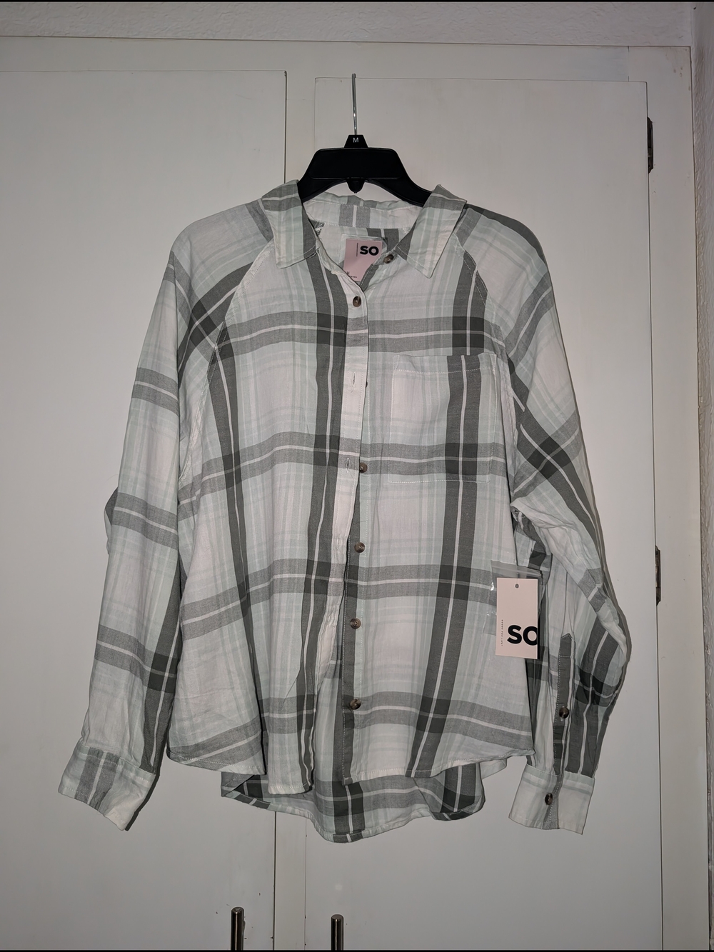 SO White and Light Gray Plaid Button-Down Shirt